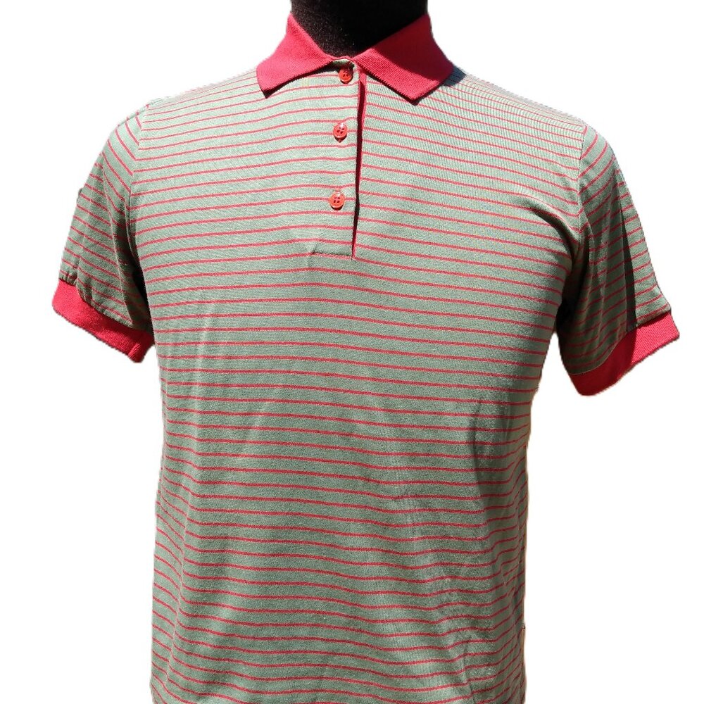 Vintage Polo Golf Shirt Striped Khaki Red Retro 80s Size Medium Paris Star